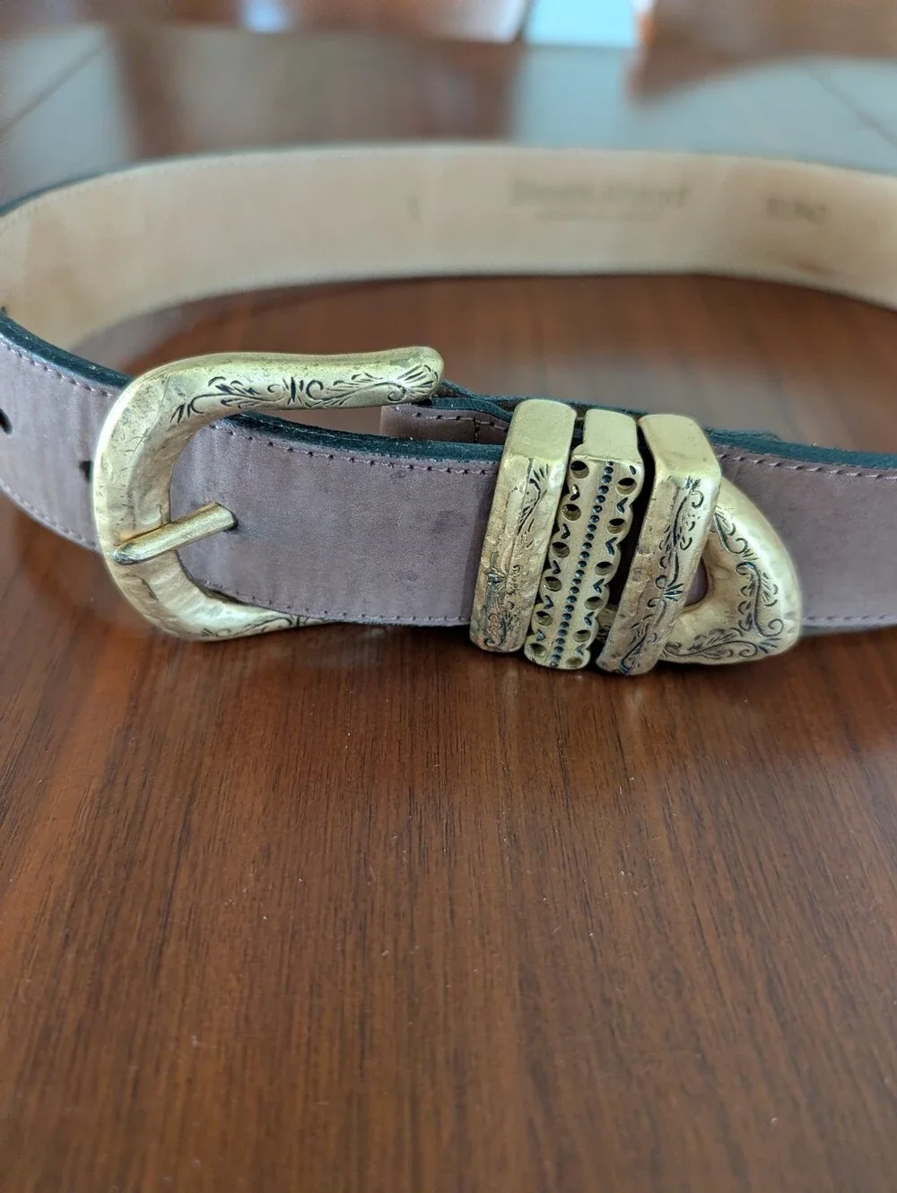 Vintage Streets Ahead Brown Leather Brass Belt Size Small 32340 Santa Monica CA